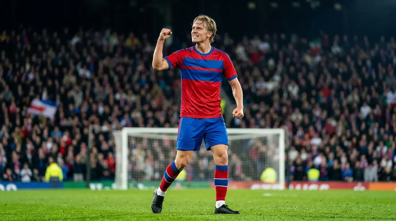 Angriber i rød og blå landsholdstrøje jubler med knyttet næve efter en scoring på en oplyst stadion