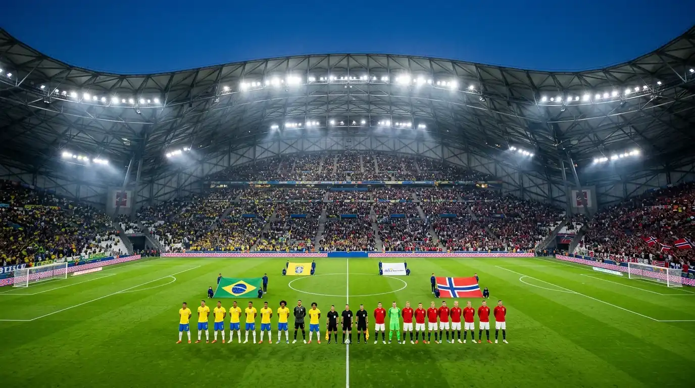 To fodboldhold stiller op på banen før en aftenkamp under projektørlys på et stort stadion