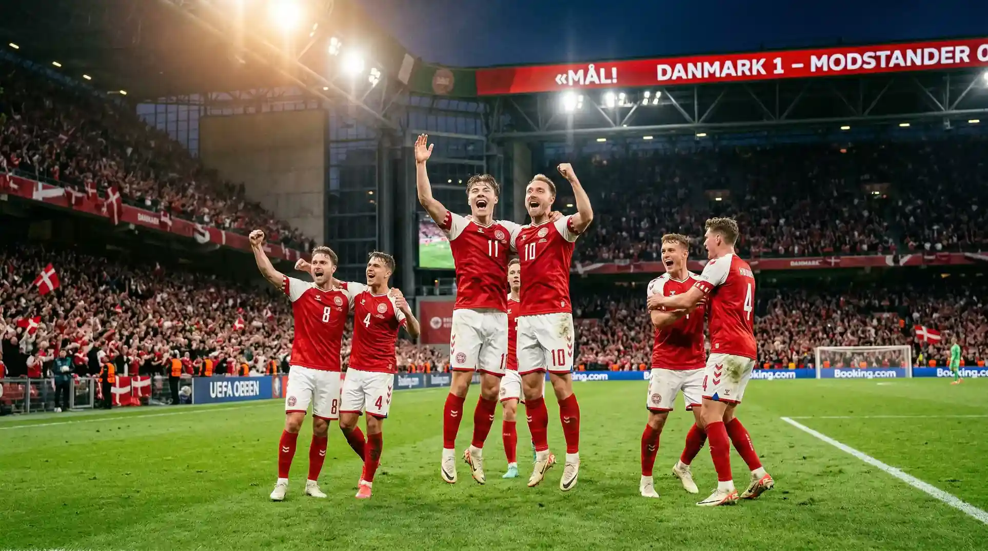 Danske landsholdsspillere i rødt og hvidt jubler efter scoring ved en VM-slutrunde