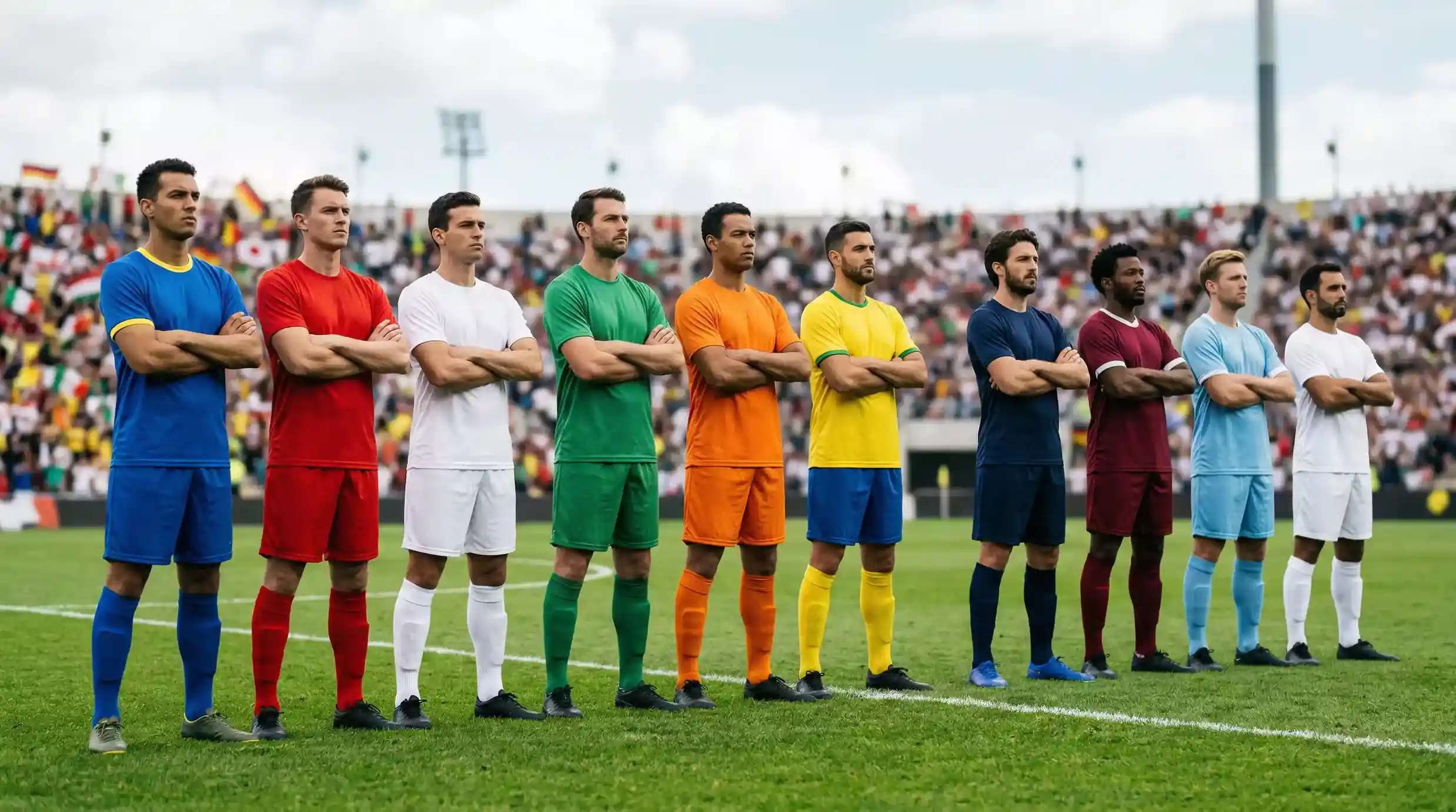 Fodboldspillere i forskellige landsholdstrøjer stiller op på en grøn bane før kampstart