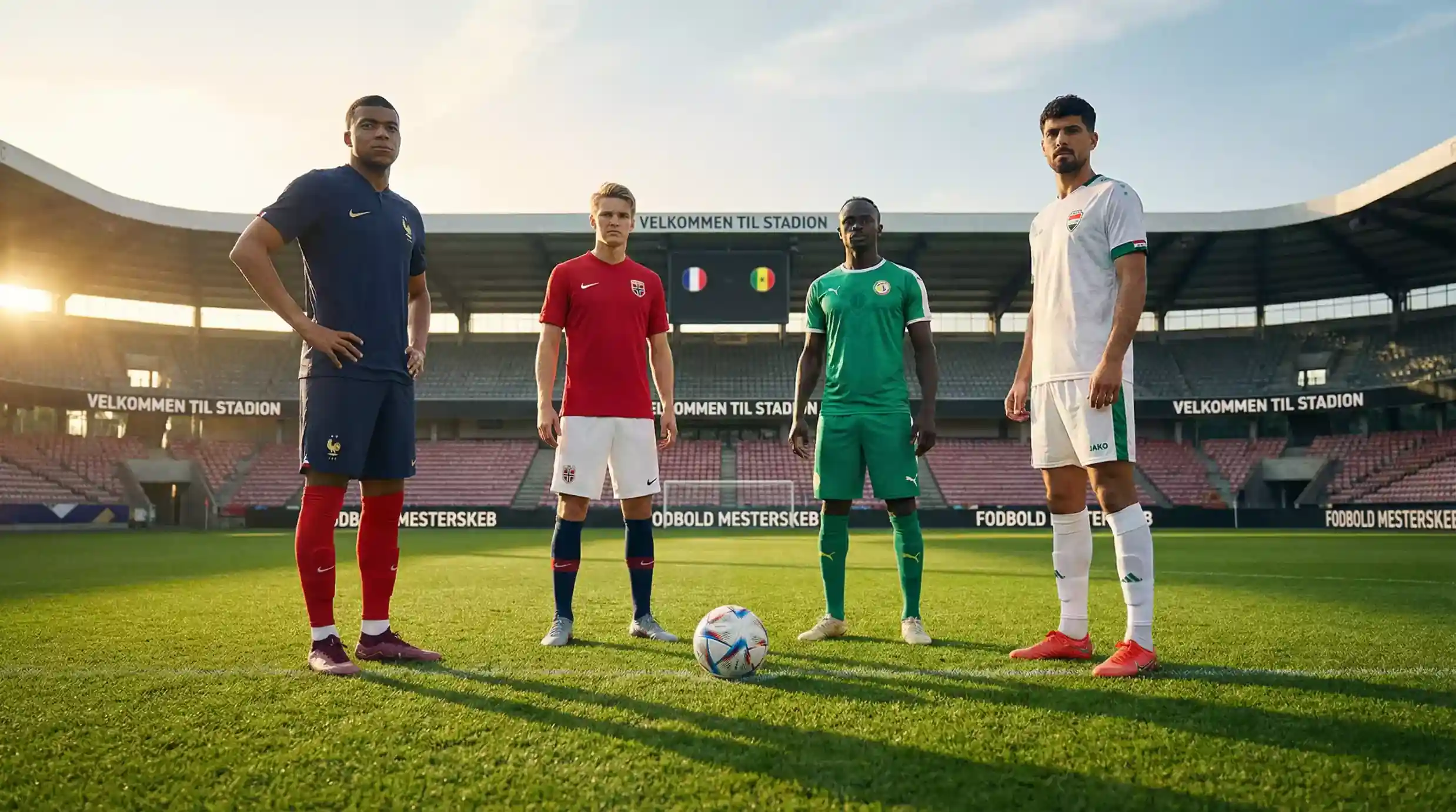 Fodboldspillere fra Frankrig, Norge, Senegal og Irak på et VM-stadion i pulje I