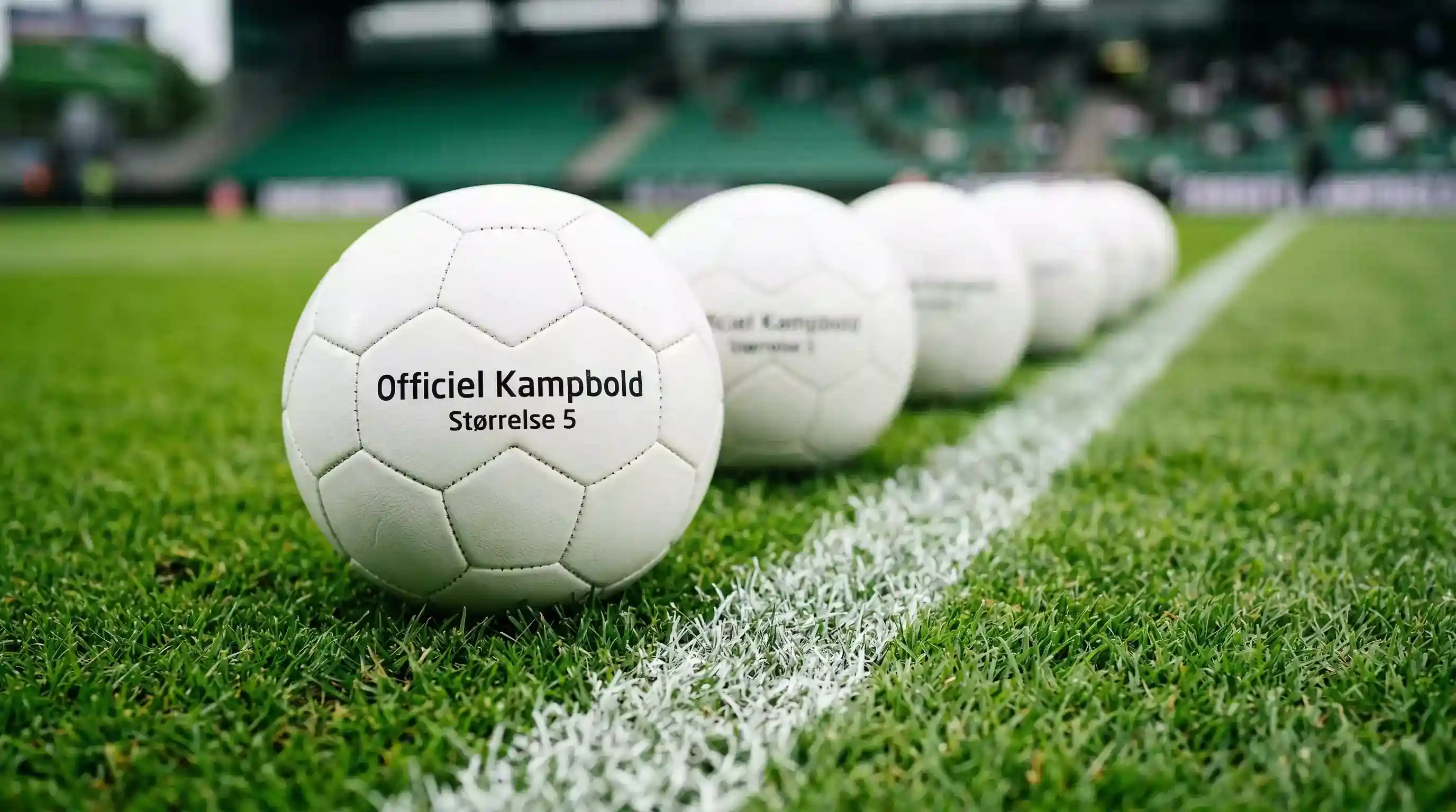 Fodbolde opstillet på kridtstregen på en ny grøn græsbane klar til kamp