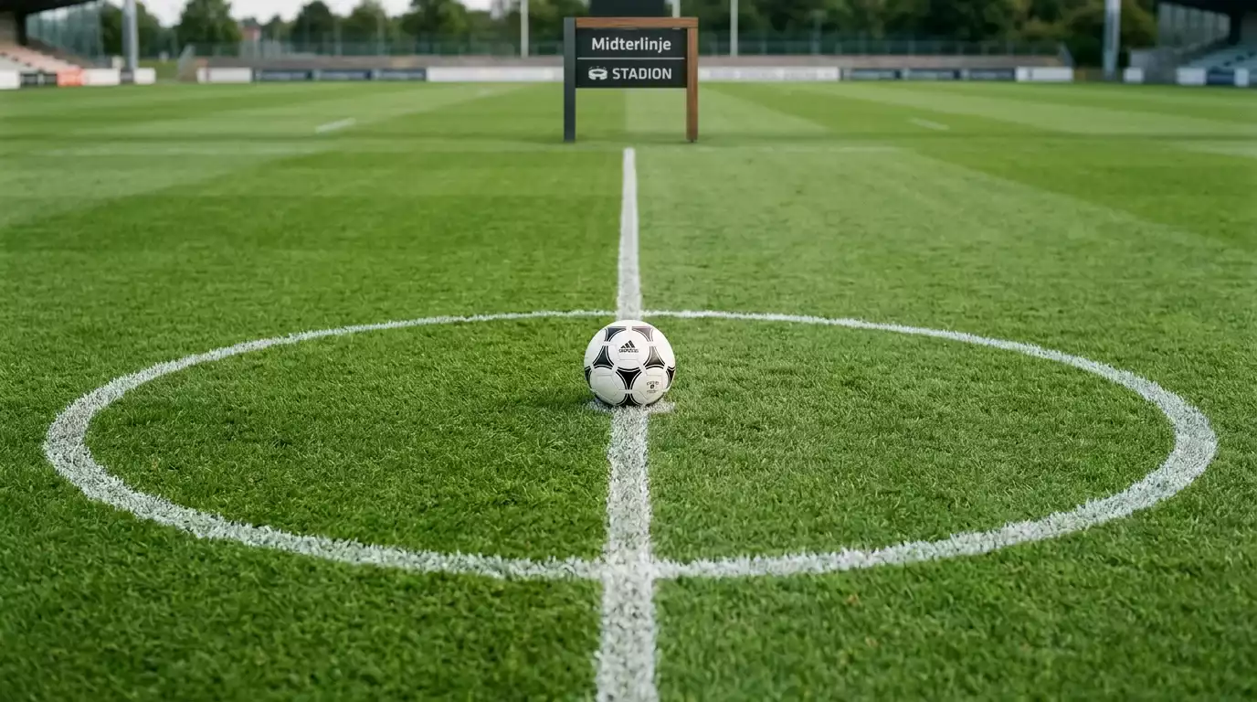 Fodbold på midterpunktet af en tom græsbane med hvide linjer i lyset