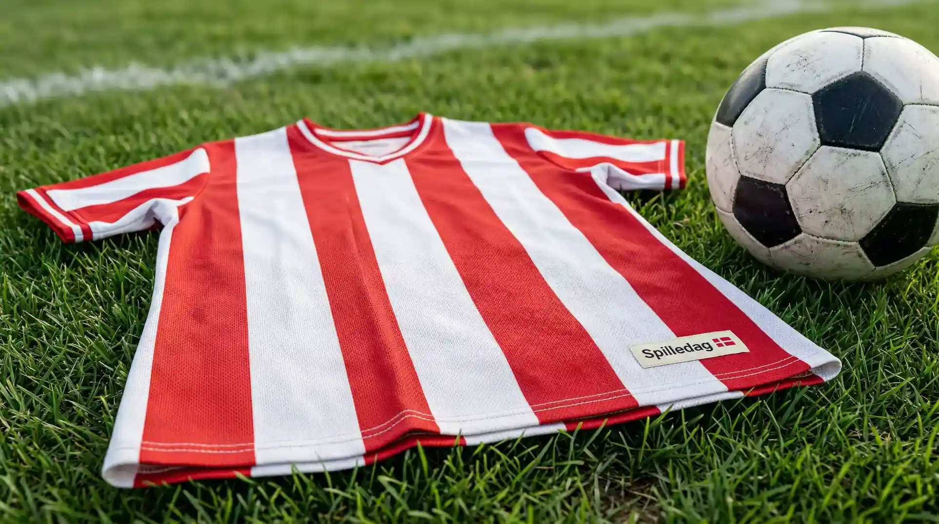 Rødhvidt dansk landsholdssæt på græsbanen med fodbold i forgrunden