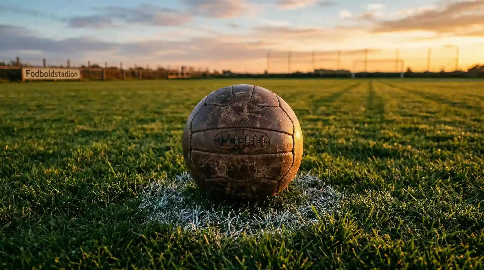 Slidt læderbold på et tomt fodboldstadion ved solnedgang