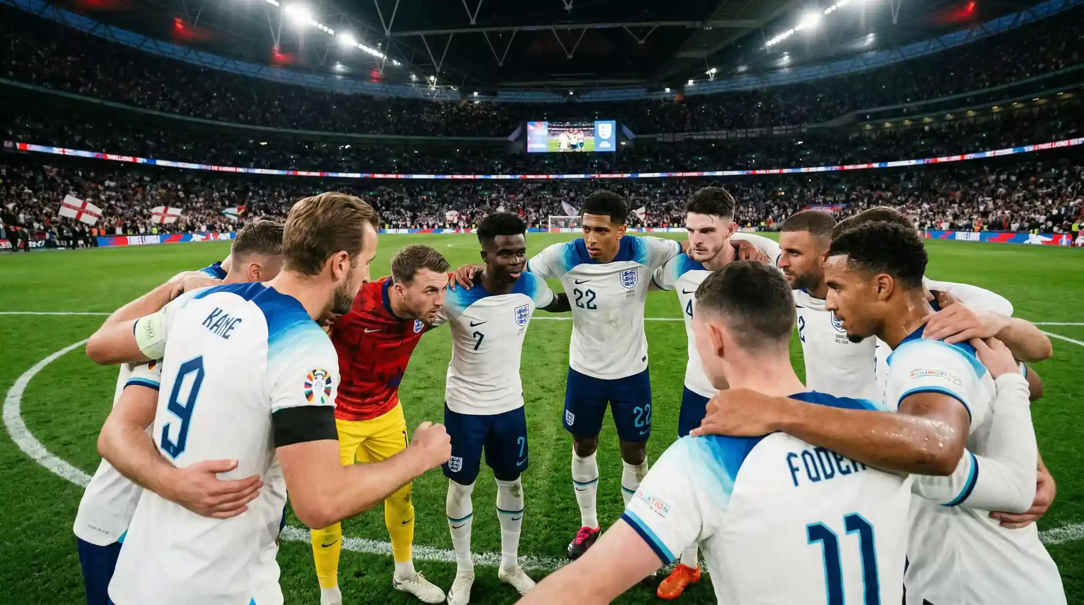 Jude Bellingham samler sig med holdkammeraterne inden en kamp for det engelske landshold