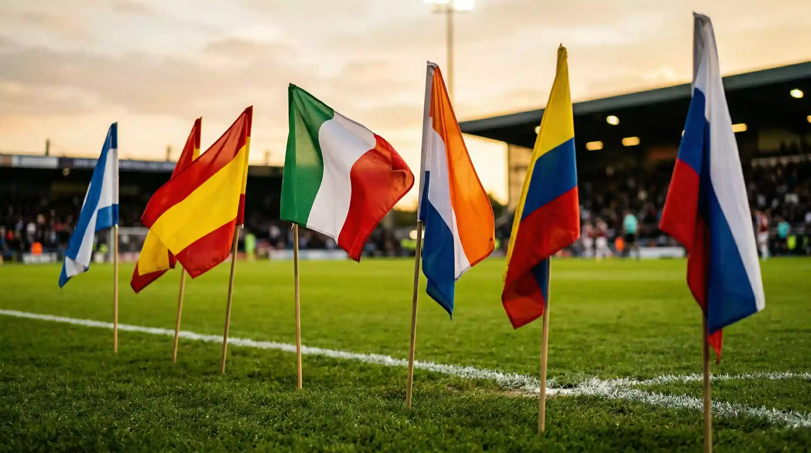 Flag fra flere landshold foran en fodboldbane i aftenssol