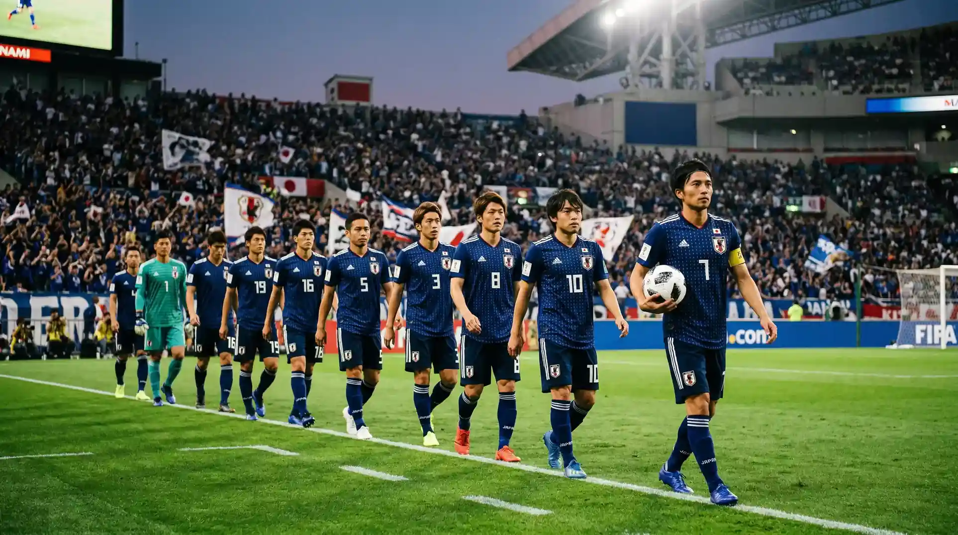 Det japanske landshold marcherer ud på banen til en kvalifikationskamp inden VM 2026
