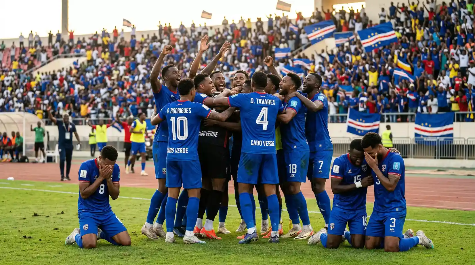 Spillere fra Kap Verdes landshold fejrer kvalifikationen til VM 2026
