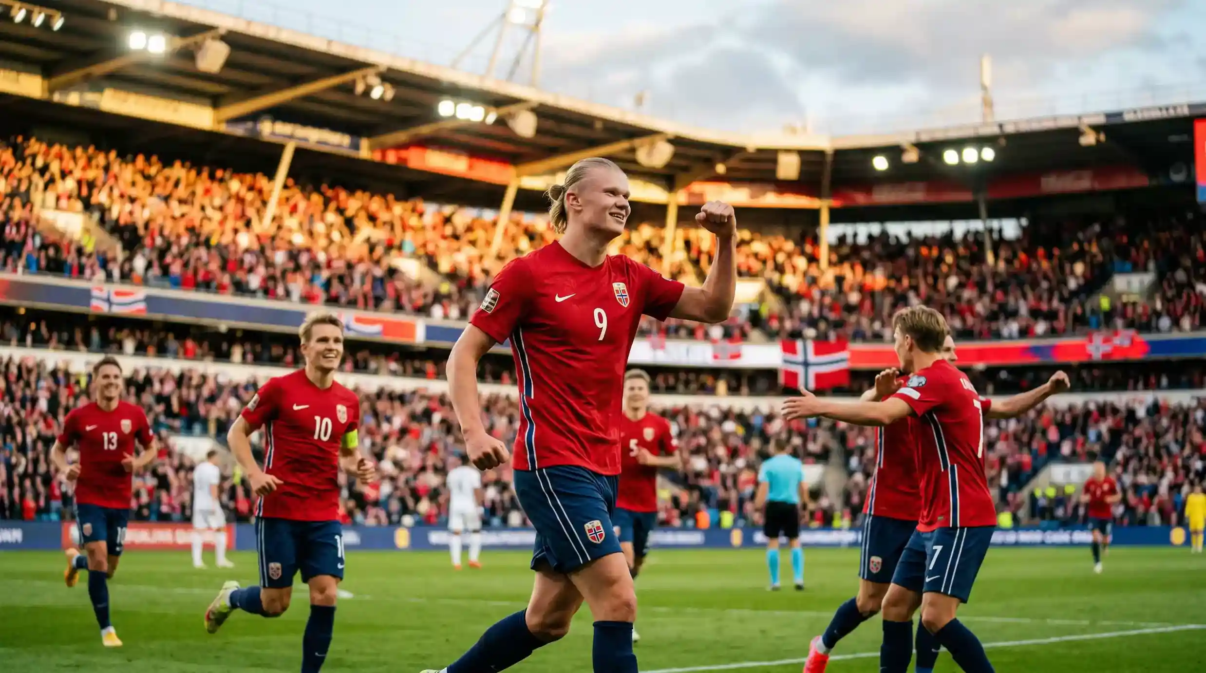 Norges landshold fejrer et mål i en kvalifikationskamp til VM 2026