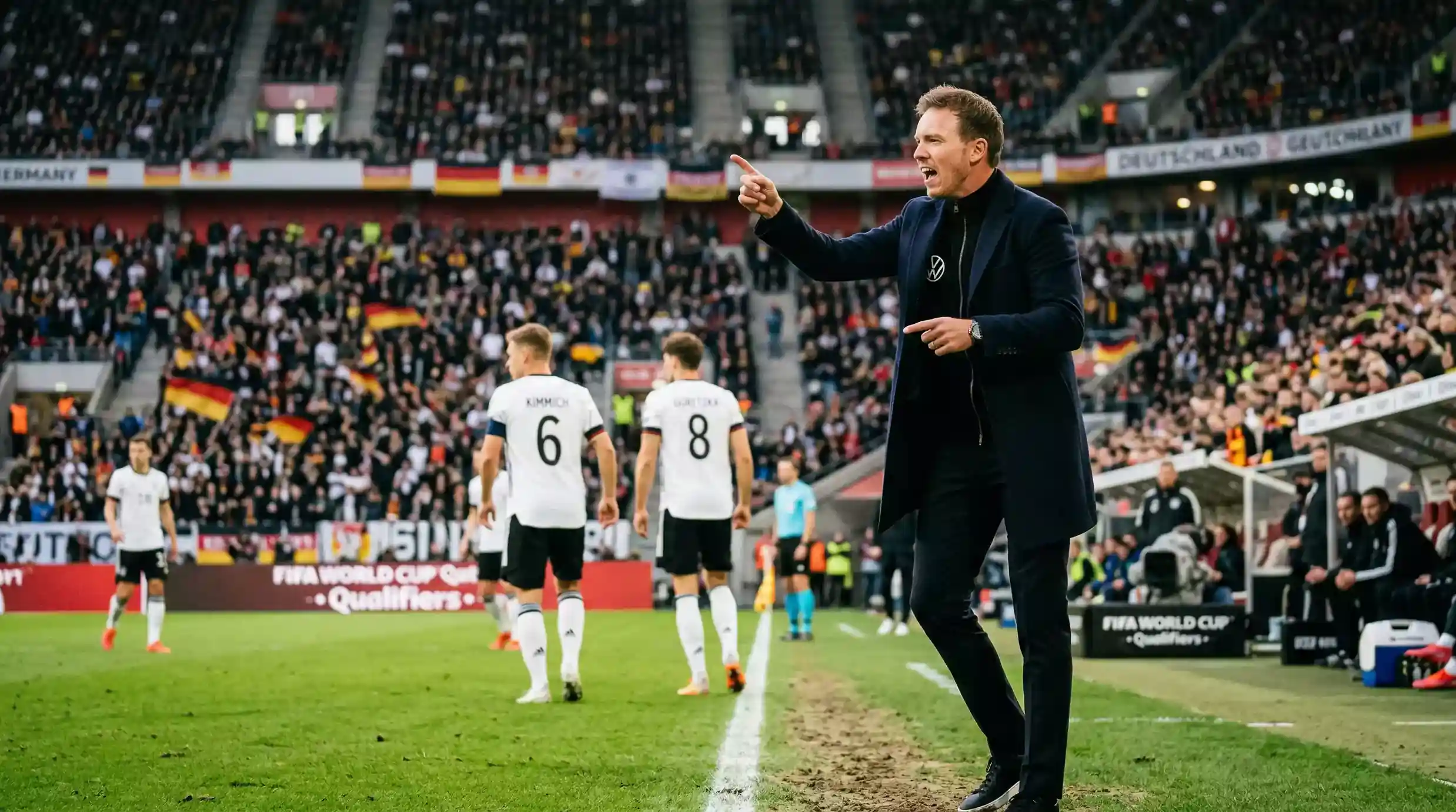 Julian Nagelsmann giver instruktioner til det tyske landshold under en kvalifikationskamp