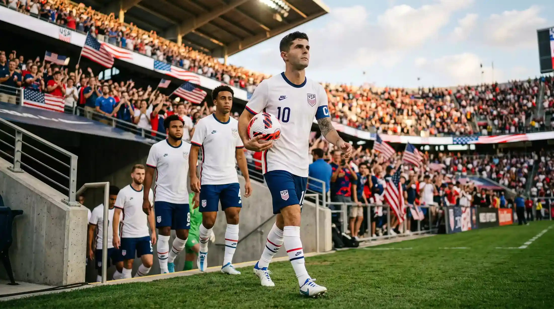 Christian Pulisic fører det amerikanske landshold ind på banen i en testkamp inden VM 2026