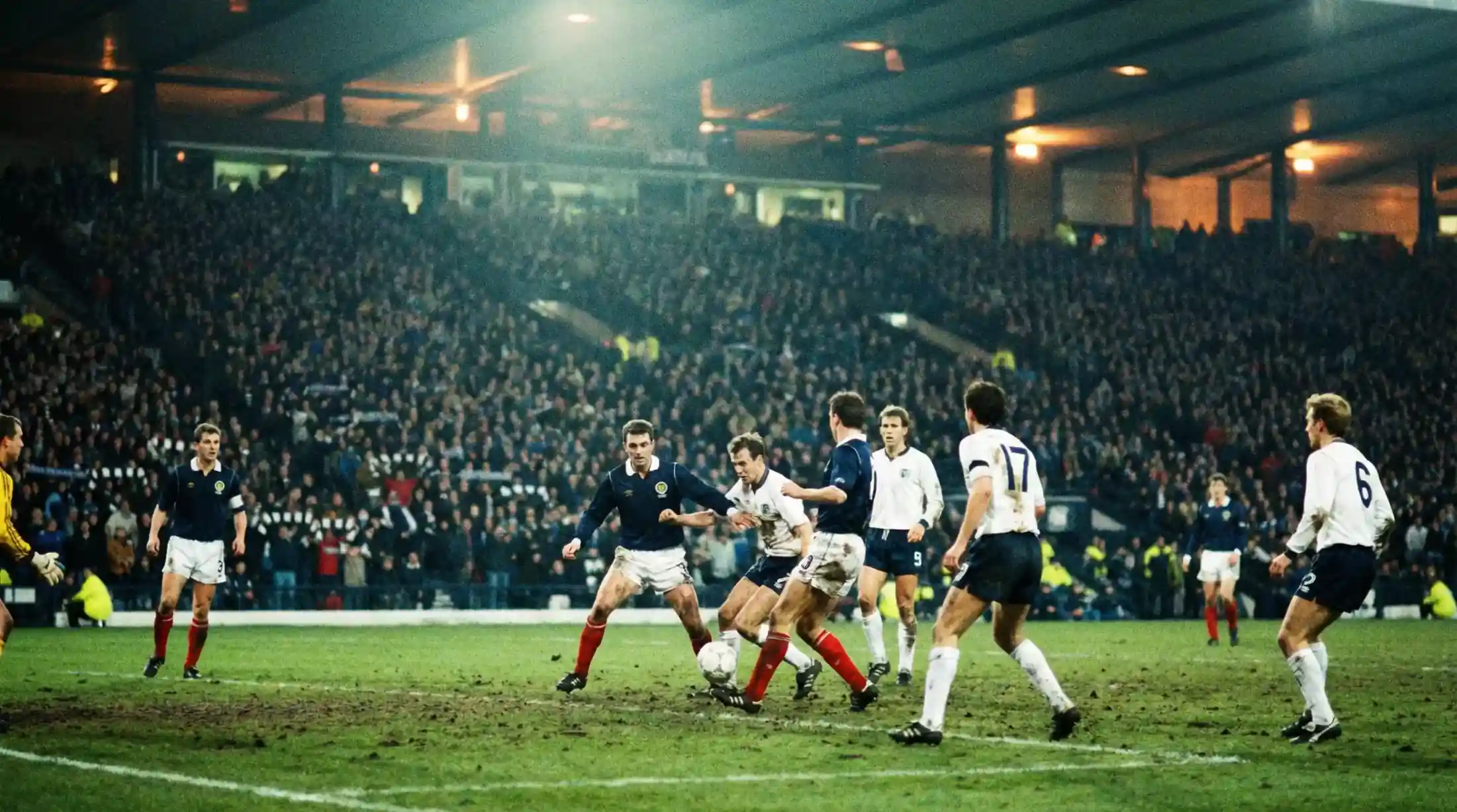 Fodboldspillere i aktion under en aftenkamp på et oplyst VM-stadion