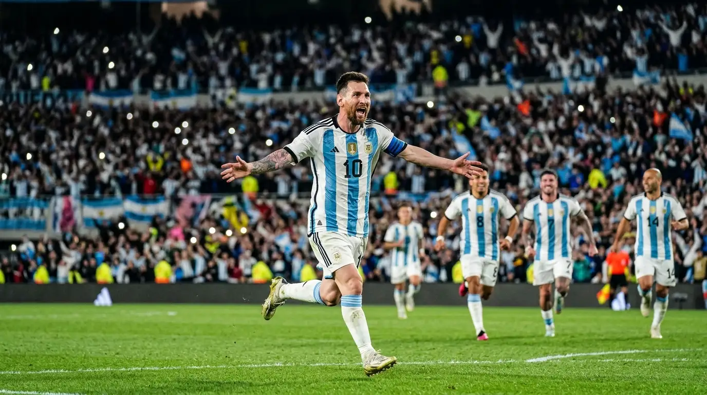 Messi løber med spredte arme i jubel efter sit rekordmål i den lyseblå og hvide argentinske landsholdstrøje