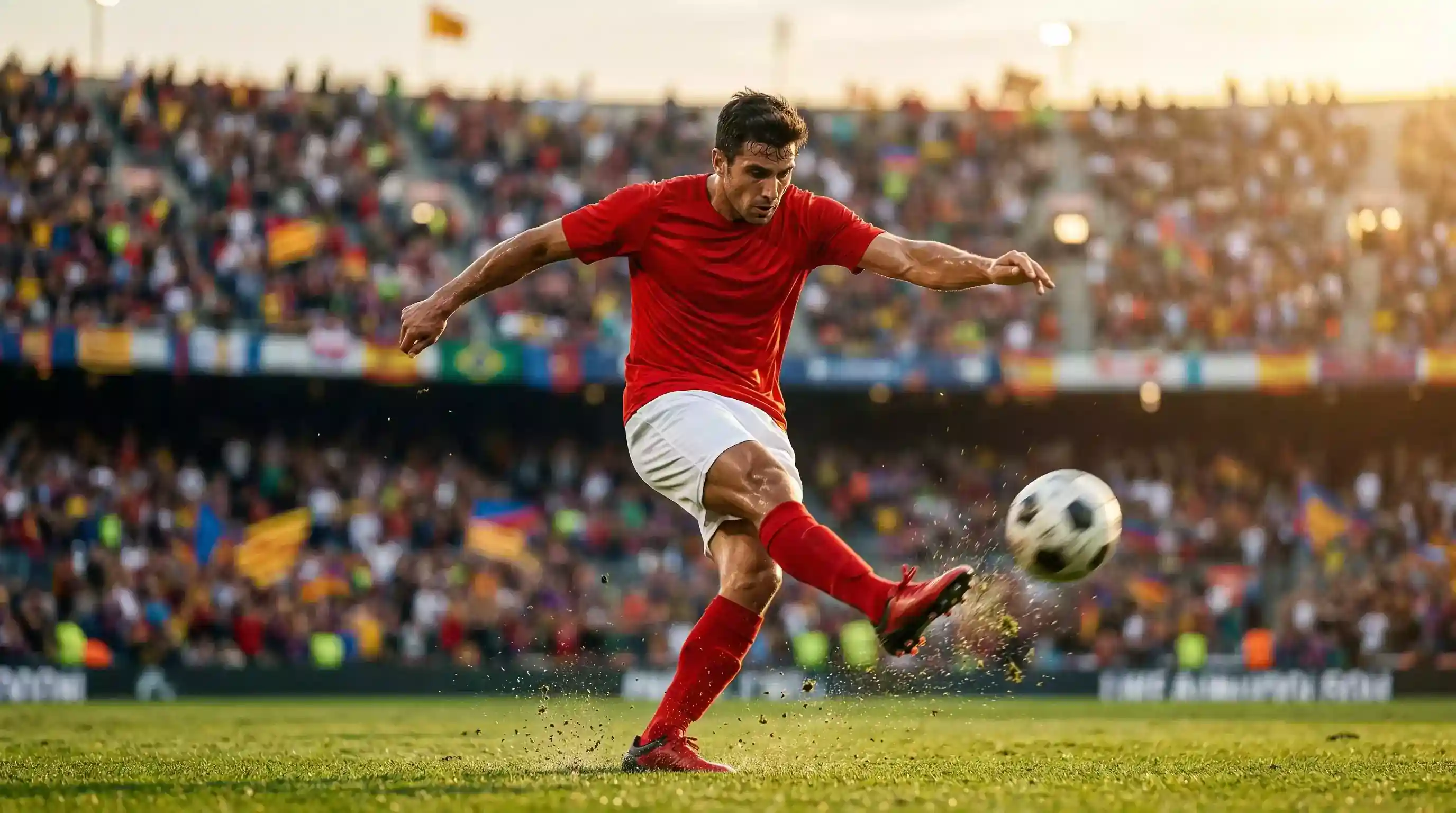 Fodboldspiller i rød trøje sparker til bolden på en stor arena med fyldte tribuner i baggrunden