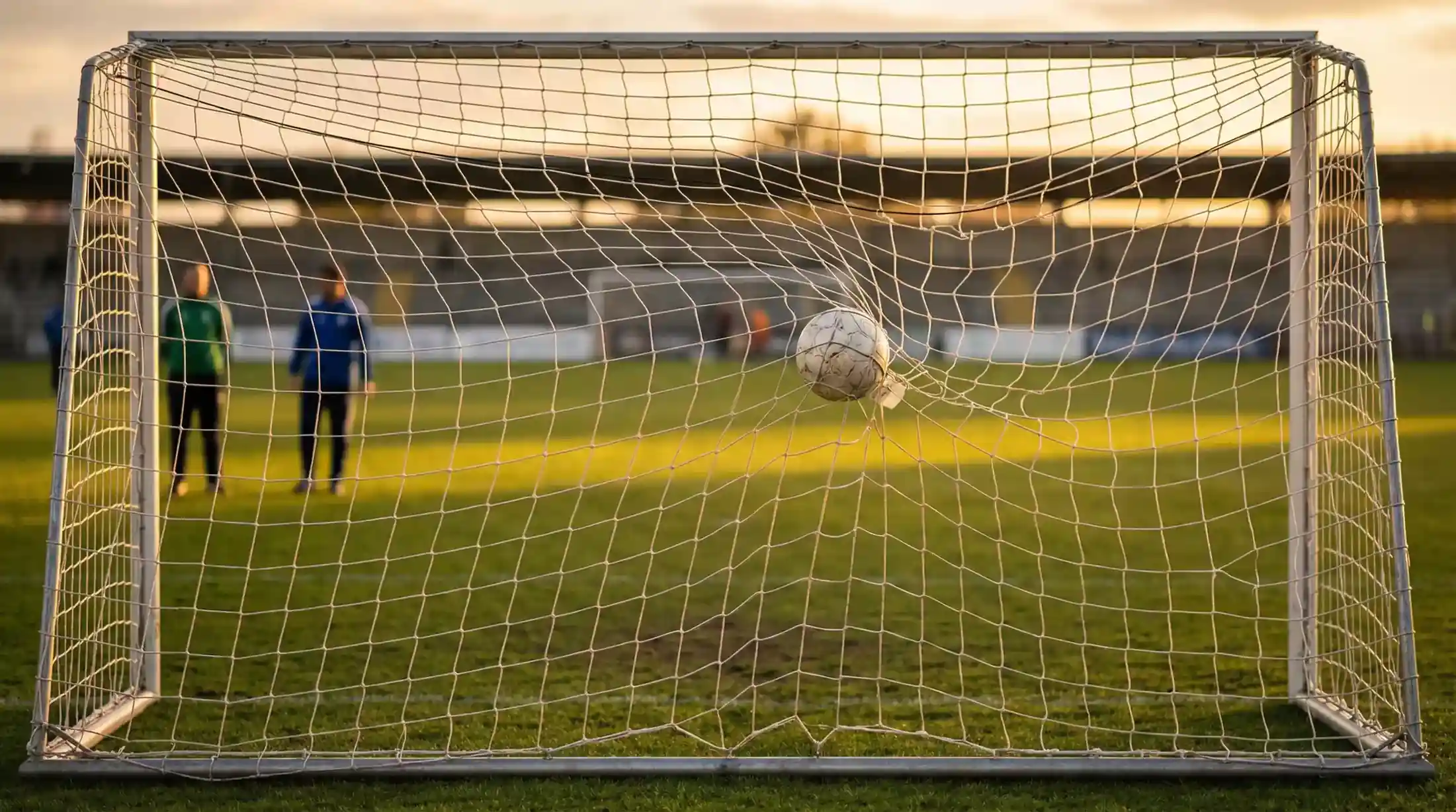 Fodbold i nettet efter scoret mål set gennem målrammen på en stadionbane