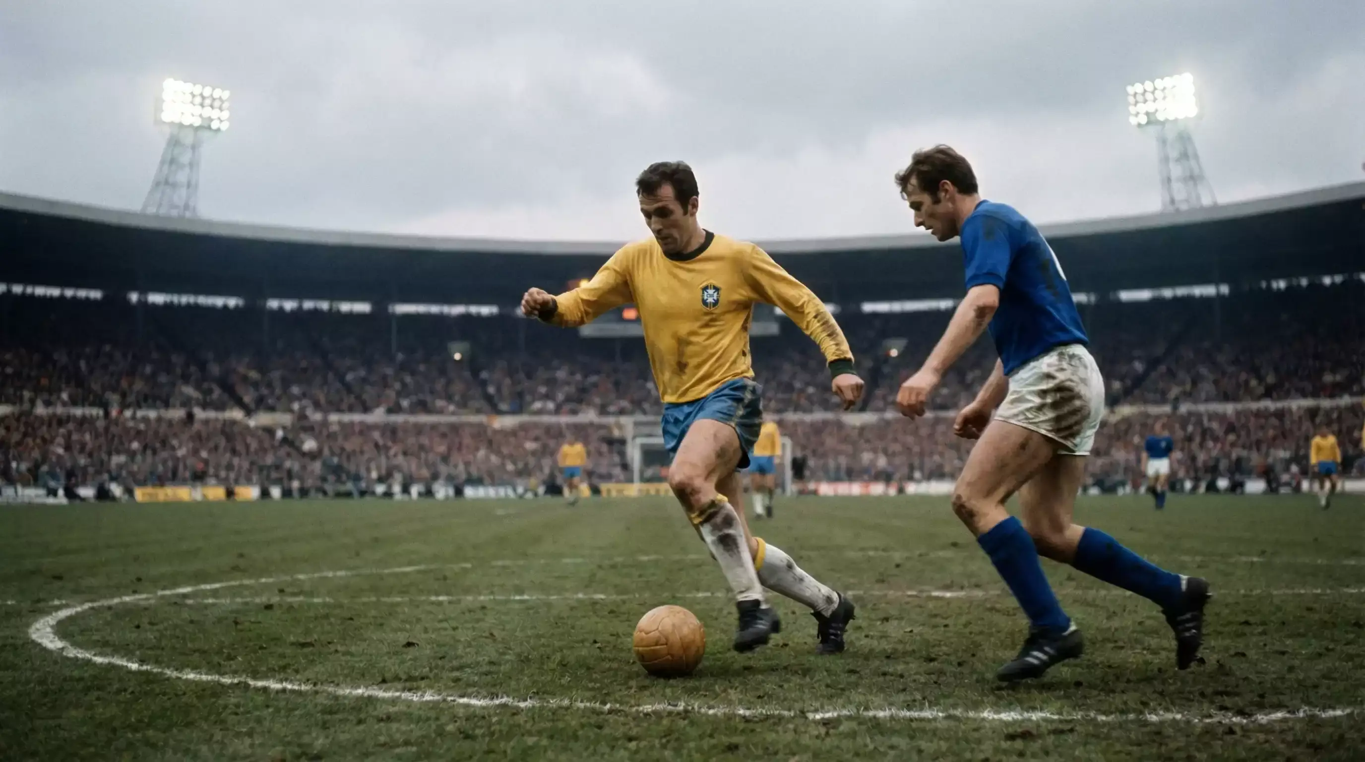 Fodboldspiller i landsholdstrøje dribler med bolden på et VM-stadion