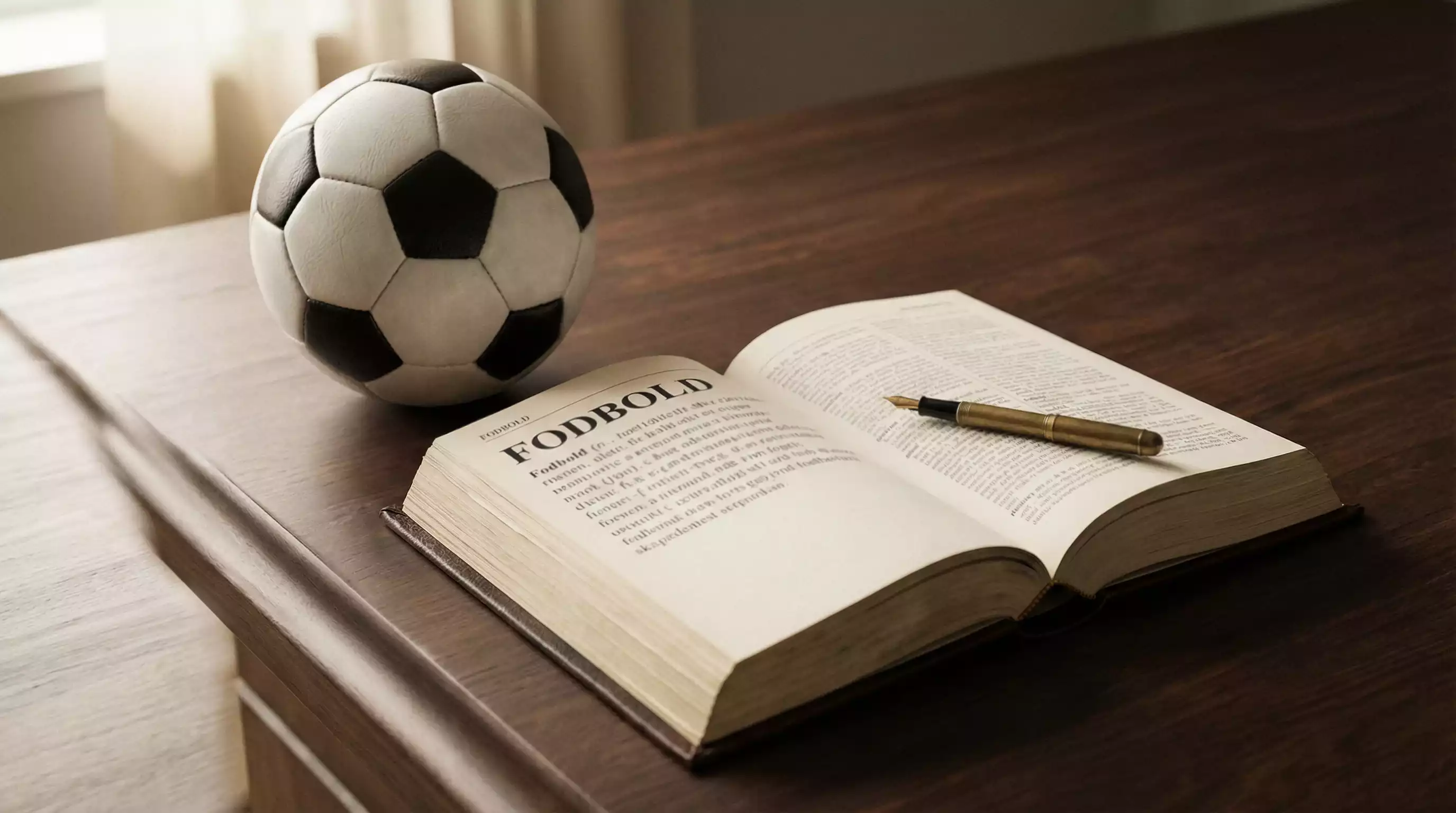 Opslagsbog om fodbold og betting med termer organiseret alfabetisk på en træbordplade