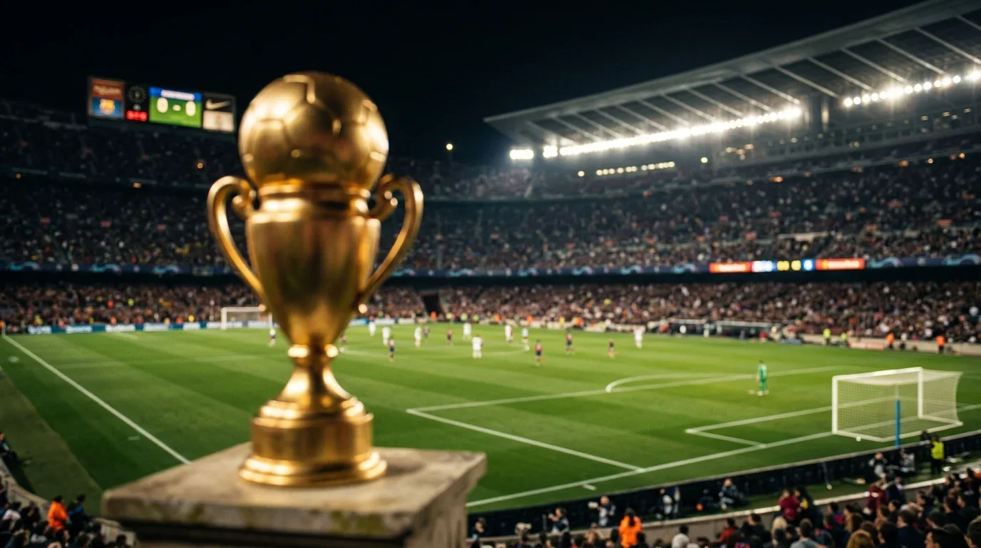 Fodboldpokal og bane i baggrunden under projektørlys på et stort stadion om aftenen
