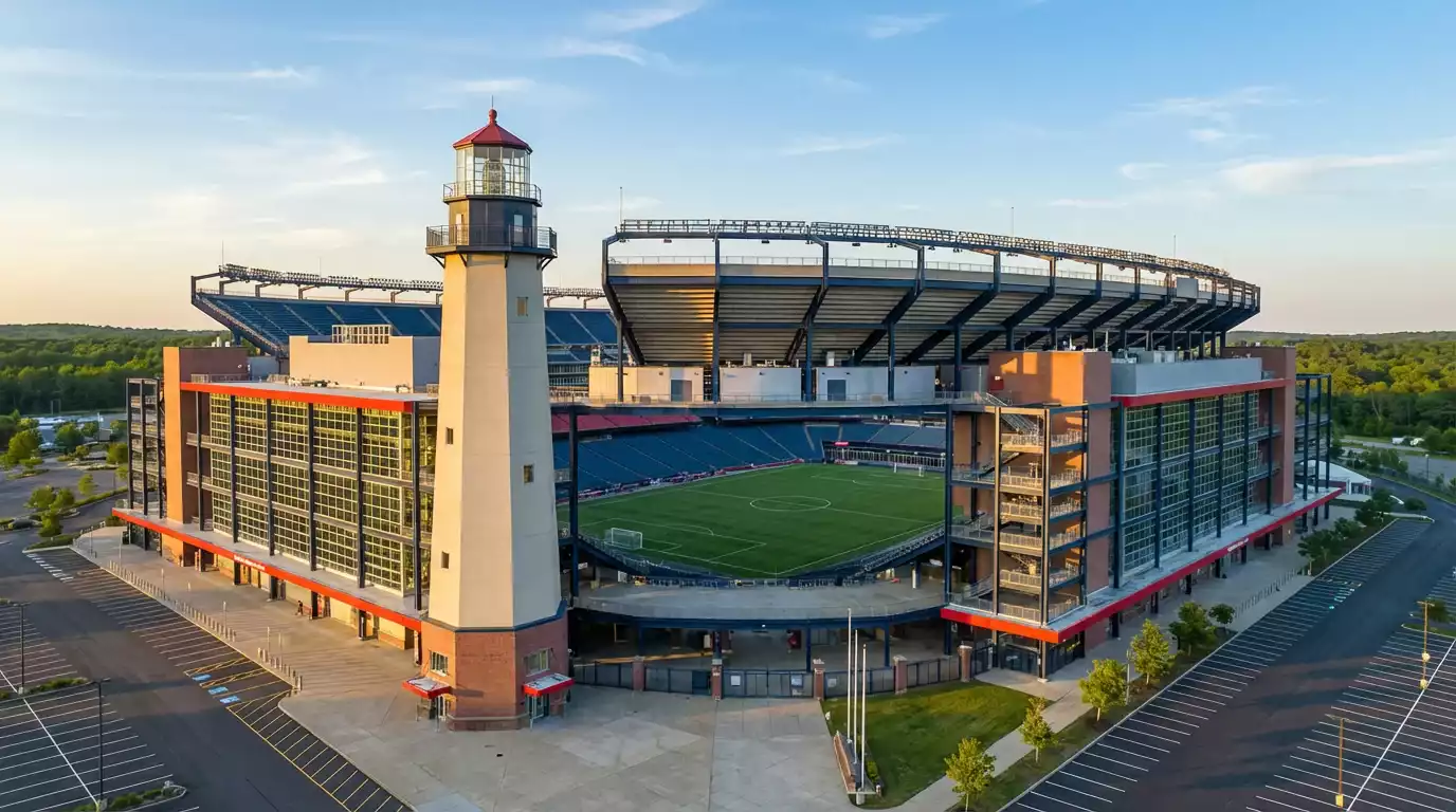 Gillette Stadium i Foxborough nær Boston med fodboldbane og tribuner klar til VM 2026