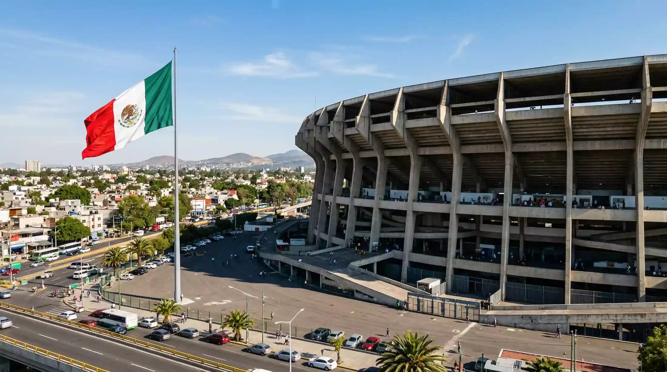 Estadio Azteca i Mexico City set udefra med det mexicanske flag