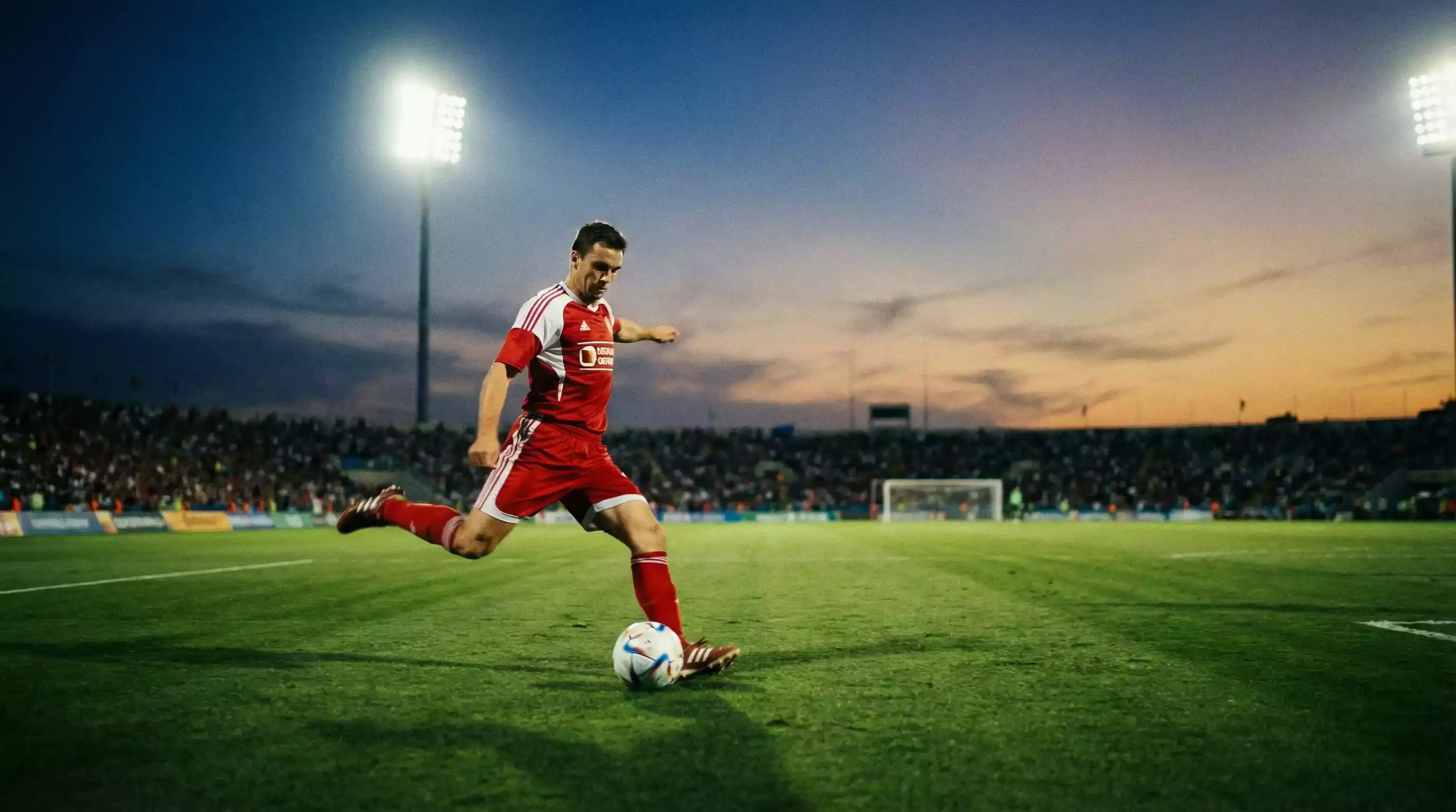 Angriber i landsholdstrøje scorer mål på et stort fodboldstadion ved VM