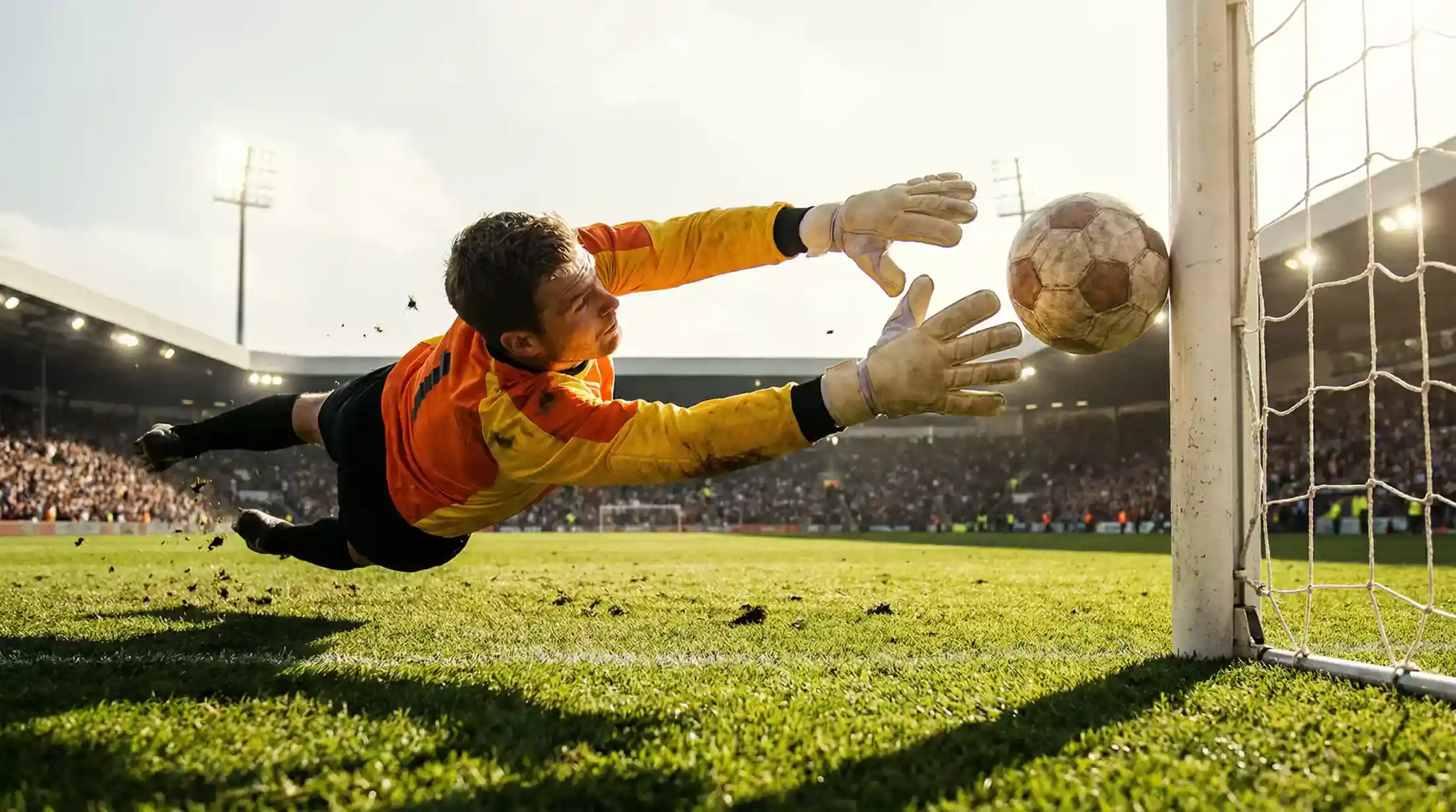 Målmand dykker efter bolden ved stolpen på en fodboldbane