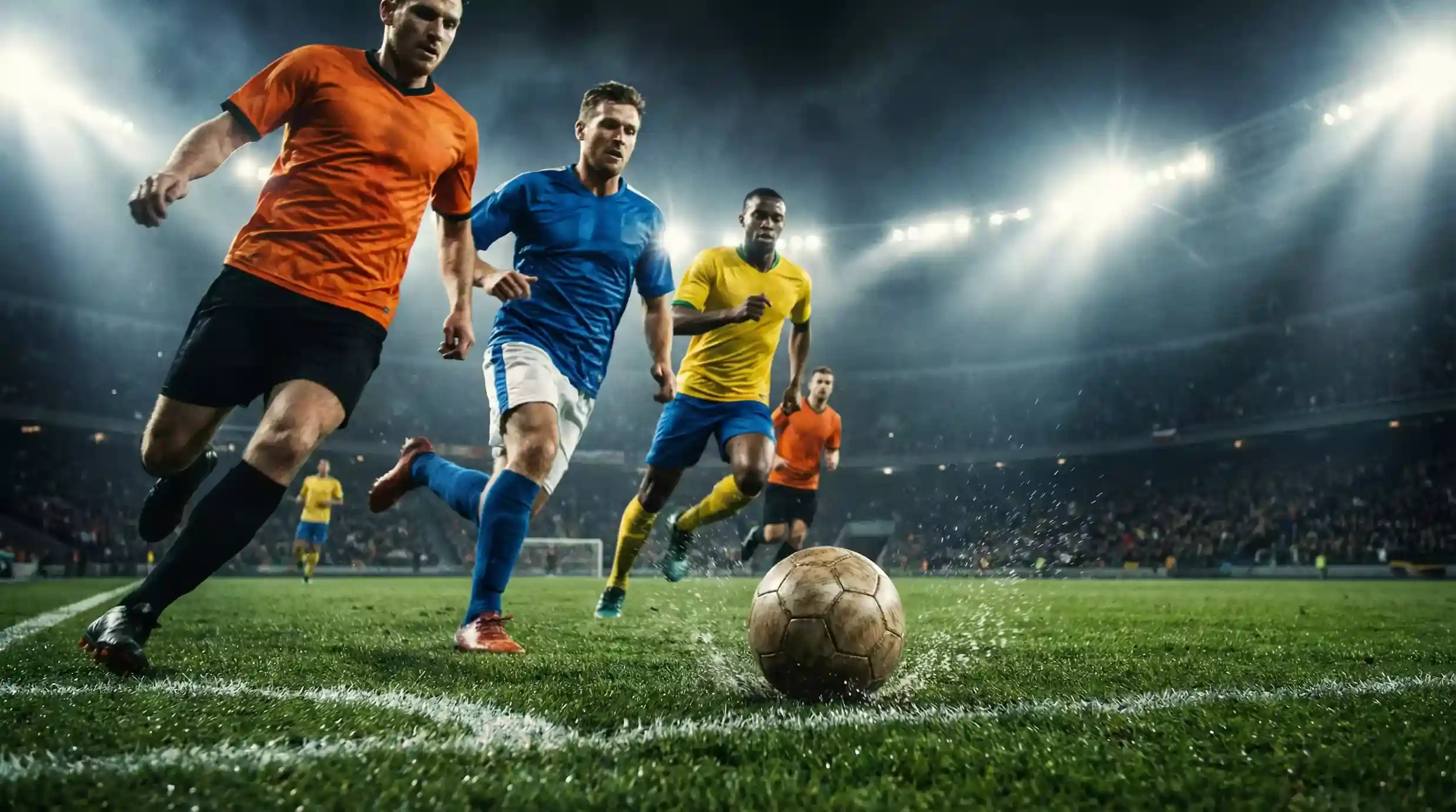 Fodboldspillere i farverige sæt løber efter bolden under en aftenkamp