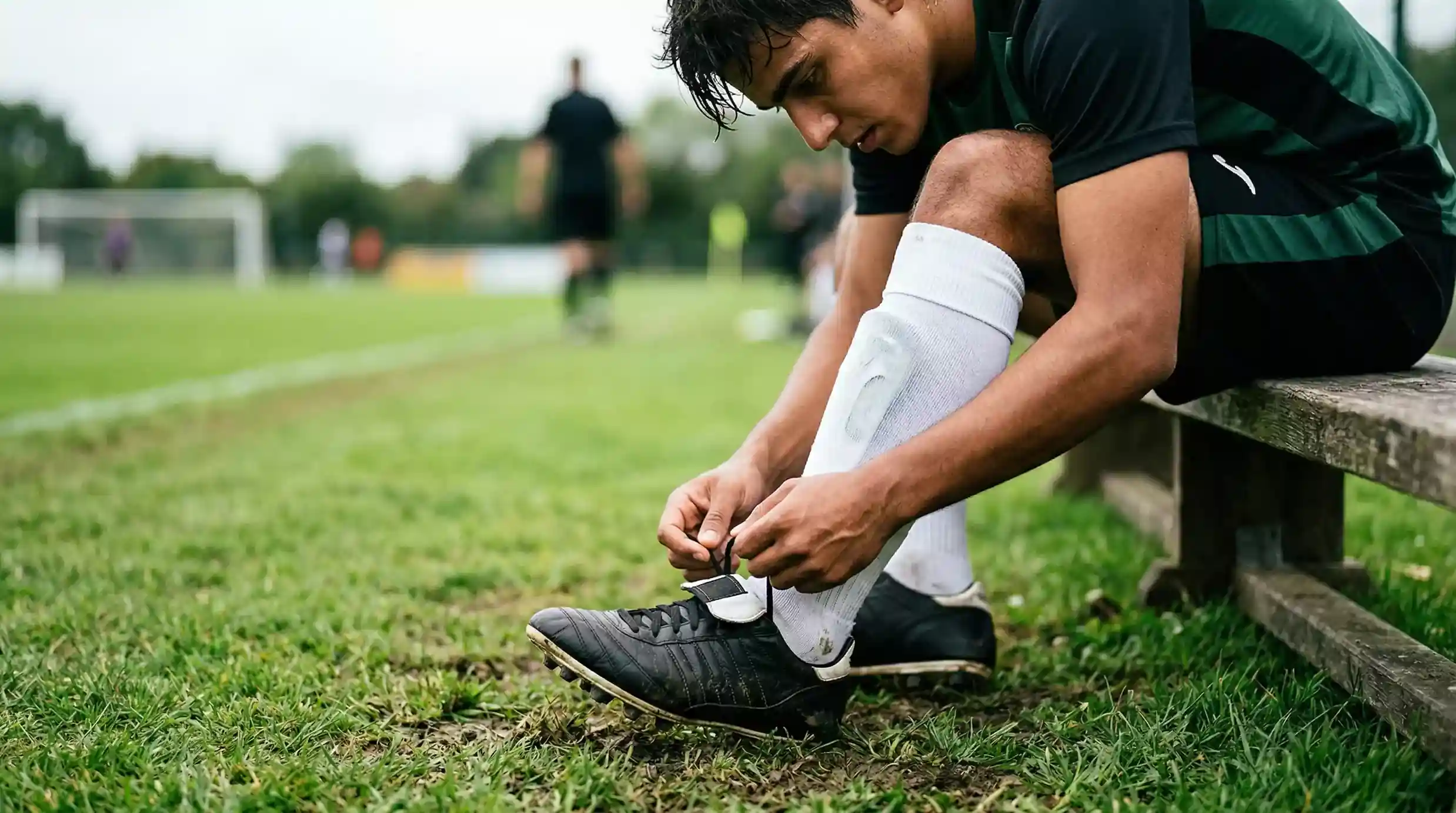 Ung fodboldspiller binder snørebånd på fodboldstøvler ved sidelinjen