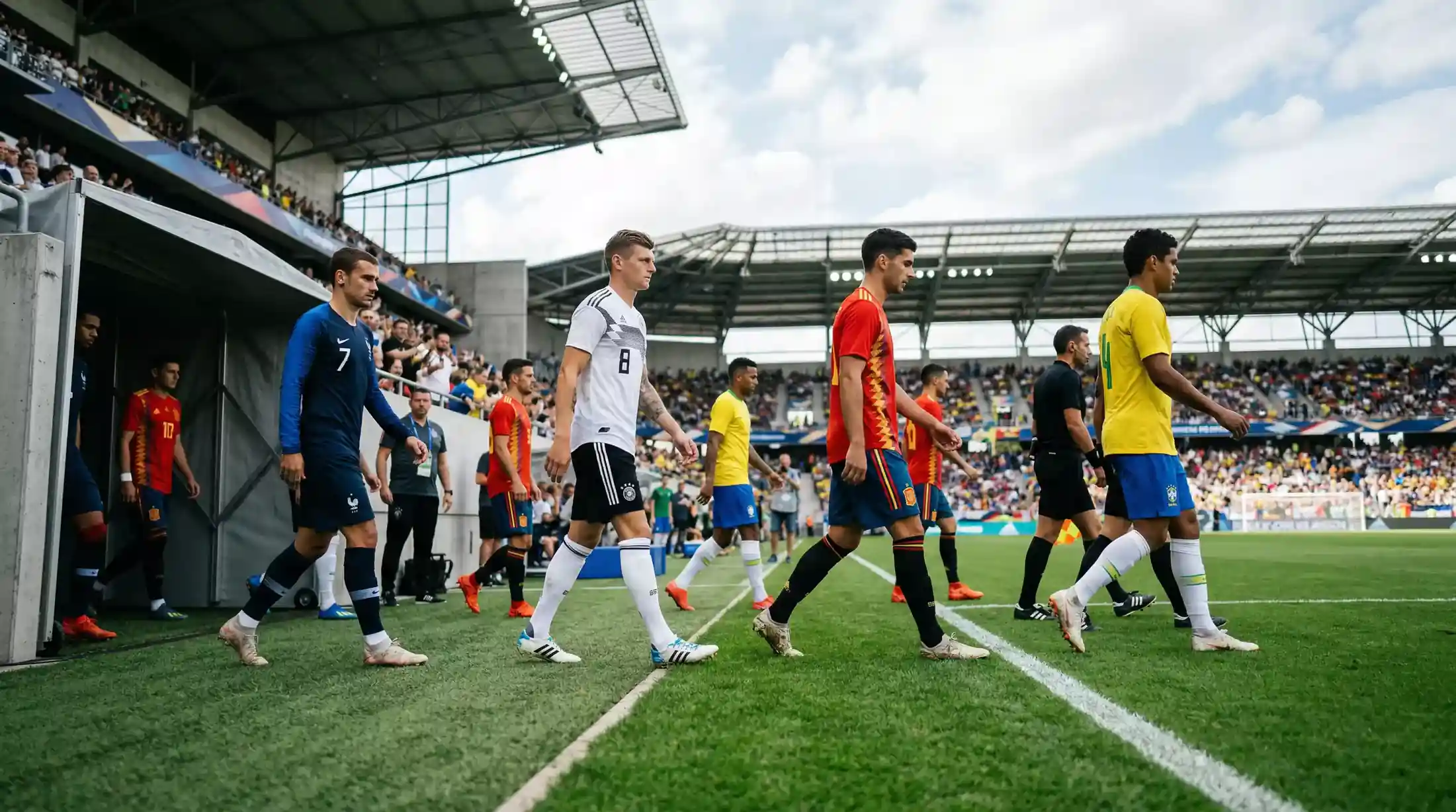Spillere fra forskellige landshold på vej ud til en VM-kamp under åben himmel