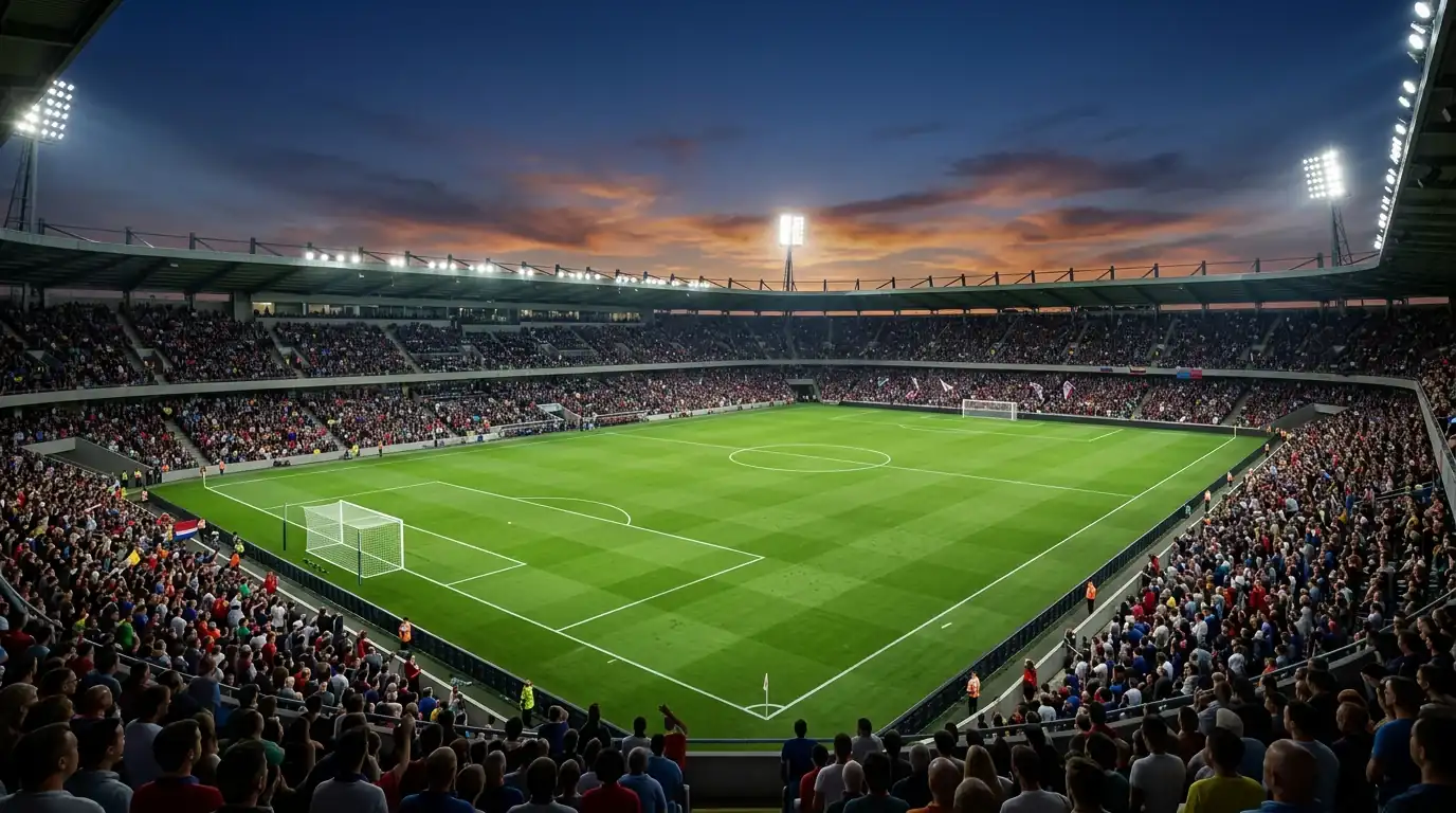 Grøn fodboldbane oplyst af projektører før kampstart med tilskuere på plads
