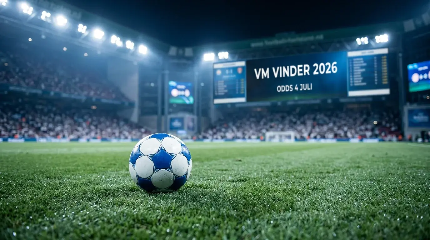 Oddstavle og en fodbold på en oplyst bane om aftenen, sløret stadion i baggrunden