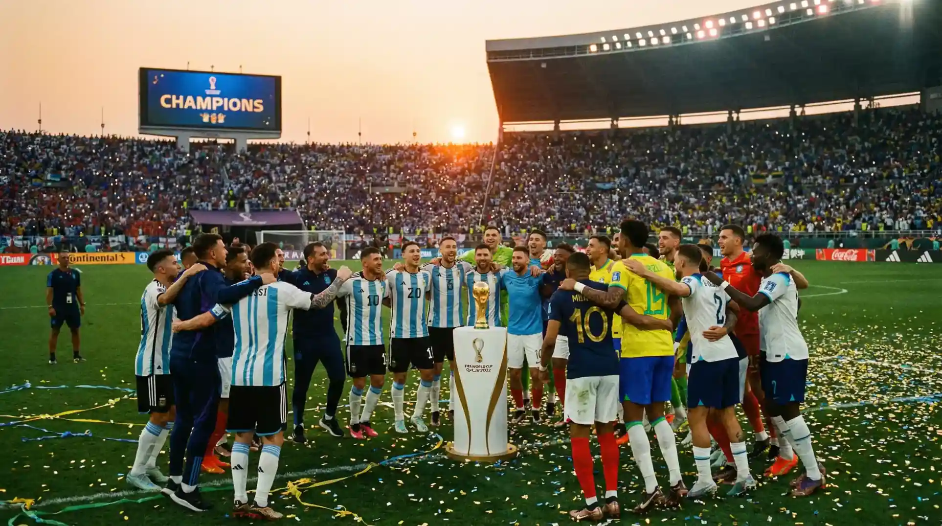 Fodboldspillere jubler med VM-pokalen på et stadion efter finalesejren